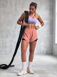1pc Women's Shorts Solid Color Lining 2 In 1 Sports Pants, Elastic Two Pieces, Suitable For Running, Sports, Yoga, Fitness In Summer - Hot Pink - View 6