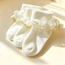 3 Pairs Girls White & Gold Lace Socks, Elegant Sweet Princess Style, Children's Dance Socks, Daily Matching With Dresses - White - View 4