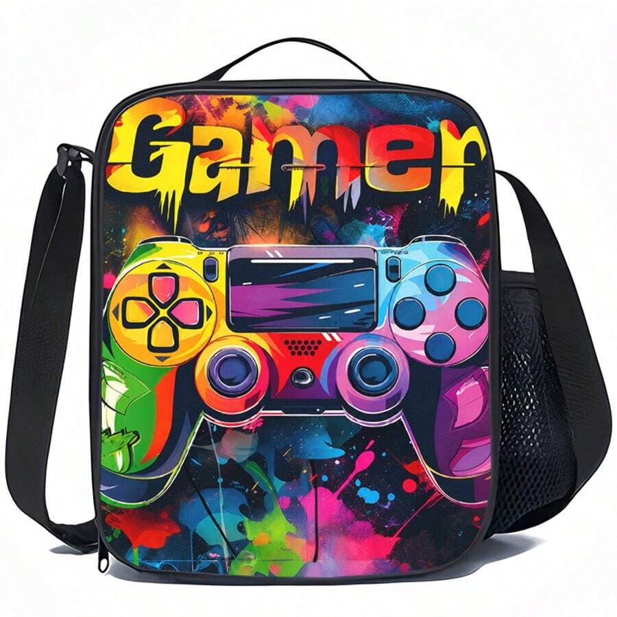 Colorful Game Controller & Graffiti Print Boy Teen Lunch Bag, Black Zipper Handbag With Top Handle, Shoulder Strap And Side Mesh Pocket - GAME-13 - View 1