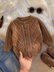 Baby Boy Preppy Solid Color Argyle Knit Cardigan Sweater, Suitable For School Daily Wear In Spring, Autumn And Winter - Brown - View 3