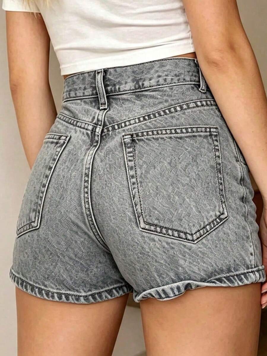 Vintage Gray Denim Shorts For Teen Girl, High Waist Cuffed Design, Versatile & - Grey - View 1