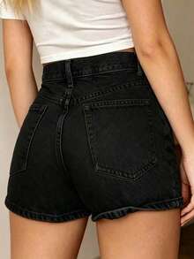 Teens & Teen Girl Retro American Style Gray Denim High Waist Casual Jeans Shorts - Black - View 1