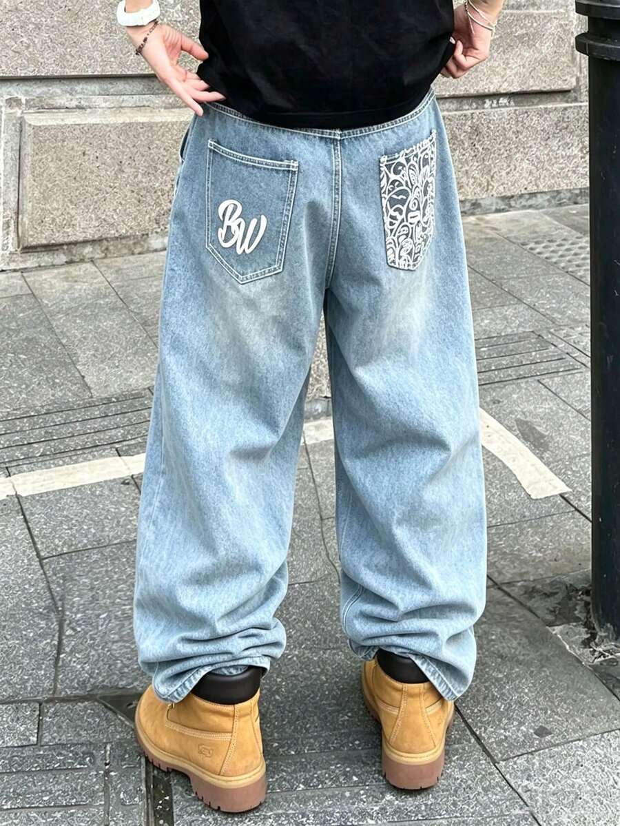 青少年男孩寬鬆大廓形牛仔長褲,後口袋英文字繡花 - 淺藍色 - 查看 1