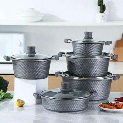 10-Piece Maifan Stone Non-Stick Cookware Set, Aluminum Soup Pot And Frying Pan Set, Multi-Piece Kitchen Cookware, Suitable For Home Cooking, Compatible With Gas Stoves And Open Flames
