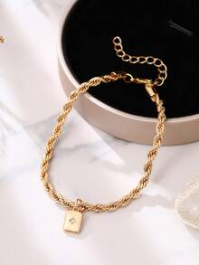 1pc Classic Vacation Style Zirconia Inlaid Star Square Pendant Anklet For Women - Yellow Gold - View 4
