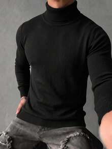Men's Autumn/Winter Fashion High Neck Long Sleeve Sweater - Black - View 7