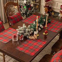 1/2/6pcs Classic Scottish Plaid Rectangular Placemats, Wrinkle-Resistant And Durable, Suitable For Christmas Party, Family Gathering Table Decor - Red - View 4
