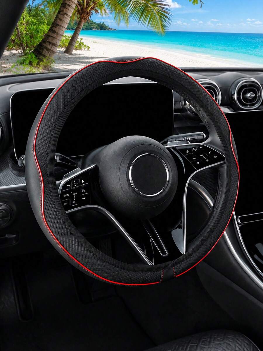ROSEKEY 1件通用PU皮革鑲嵌無邊框方向盤套,15英吋防滑透氣汽車方向盤套,運動風黑紅縫線,適用於轎車、SUV和卡車,舒適抓握,汽車裝飾禮物 - B - 查看 1