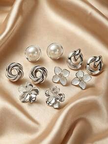 5 Pairs Silver Fashionable Elegant Personalized Exquisite Versatile High-End Design Geometric Round Twisted Rope Flower Faux Pearl Metal Stud Earrings Earring Set Suitable For Women Daily Holiday Commute Party Banquet Wear - Five-piece Set G - View 5