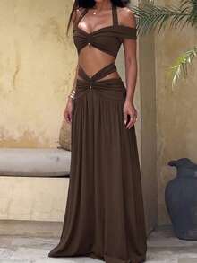 Vellofy Women Fall & Winter Dark Brown Two‑Piece Maxi Outfit Halter Off‑Shoulder Twist Cutout Set For Prom Gala Banquet Vacation Cocktail Party - Dark Brown - View 1