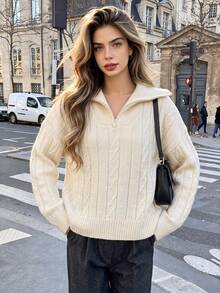Women Fall Cream Half‑Zip Collar Cable Knit Sweater, Drop‑Shoulder Loose Long Sleeve Cropped Pullover For Daily Commute Casual Street Outfits - Apricot - View 10