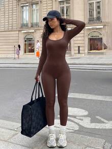 Women's Ribbed Knit Long Sleeve Jumpsuit, Tummy Control Butt Lifting Elastic Slimming Shaping Base Layer Top Sports - Coffee Brown - View 8