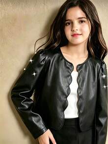 Galaxy Graffiti 8-12 Years Old Girls Jacket, Wavy Trim Placket + Pearl Embellished Puff Sleeves, Sweet & Cool Elegant Style Suitable For Birthday Parties, Performances And Holiday Outings - Black - View 3
