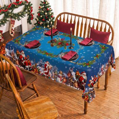 1pc Christmas Santa Claus Snowman Snowflake Print Rectangular Tablecloth, Suitable For Holiday, Party, Birthday, Dinner, Restaurant Table Decor, Christmas Home Autumn/Winter Decoration