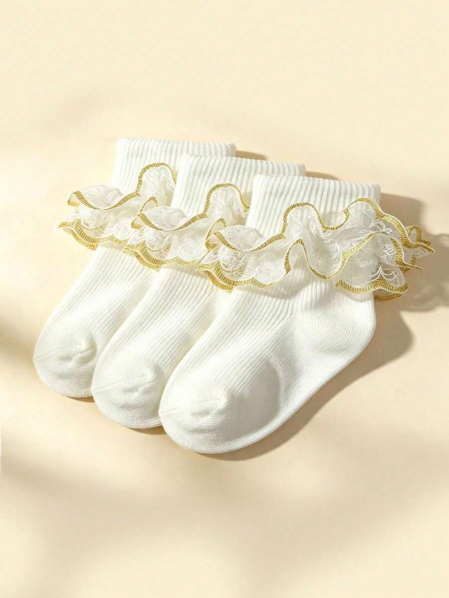 3 Pairs Girls White & Gold Lace Socks, Elegant Sweet Princess Style, Children's Dance Socks, Daily Matching With Dresses - White - View 1