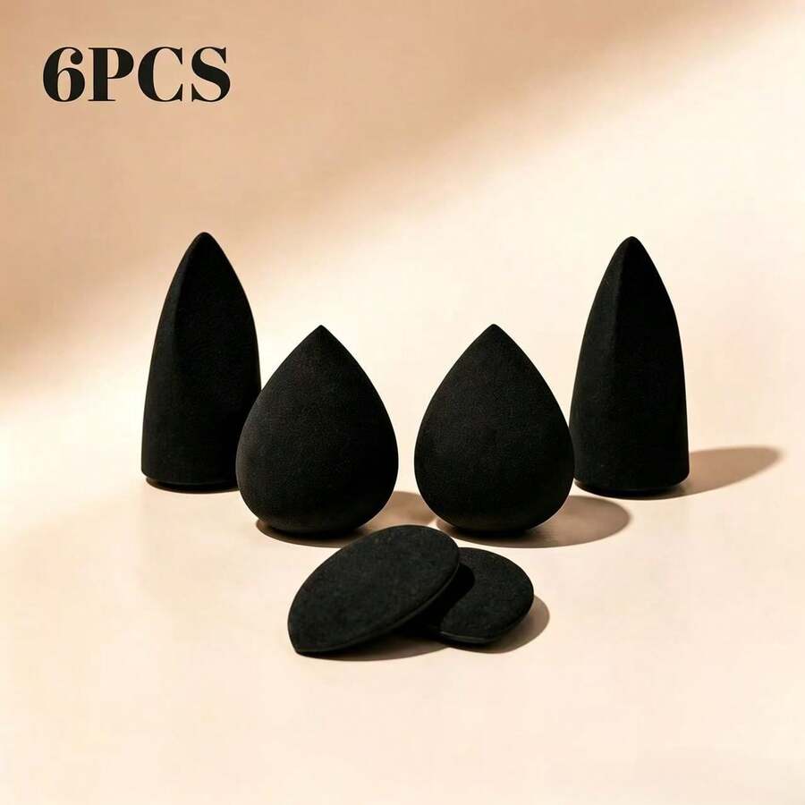 6pcs Black Makeup Sponge Puff Set, Soft Skin-Friendly, Smooth Application, Wet & Dry Dual Use, Natural Base Makeup Cosmetic Tool Combination Pack - Black - View 1