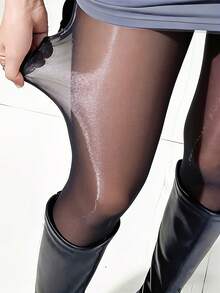 1 Pair Women's Black Oil-Shine Sheer Pantyhose, Glossy Semi-Sheer Tights With Sleek Leg-Look Finish For Skirts, Party & Night Out - Multicolor - View 3