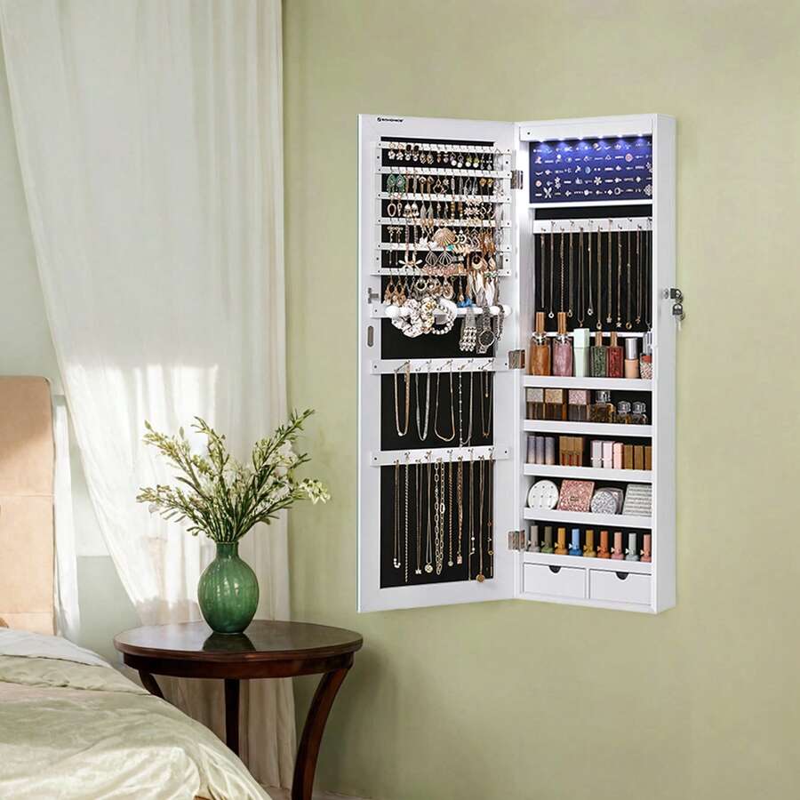 SONGMICS Armadio Portagioie da Muro con Specchio Senza Cornice, 6 Luci a LED, da Porta o Muro, con 2 Cassetti, Bianco - Bianco - Visualizzare 1