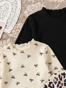 3pcs/Set Baby Girl Fashion Autumn Leopard Print Bow Long Sleeve T-Shirt, Children Simple Basic Elastic Ruffle Collar Spring Top - Multicolor - View 3