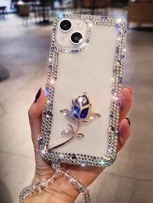 Fashion Luxury 3-Row Glass Crystal Frame Metal Rhinestone Rose With Crystal Chain Strap Phone Case, Anti-Drop Transparent Protective Shell Compatible With Iphone - Blue - View 3