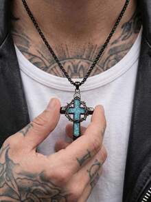 1pc Thorn Wrapped Cross Necklace With Faux Turquoise, Black Hollow Punk Style, Suitable For Men's Party, Daily Wear And Music Festival - Black - View 2
