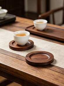 Round Vintage Walnut Solid Bamboo Tea Cup Coaster Set, Luxury Heat-Insulating Cup Holder Tray Rack, Tea Ceremony Tableware Storage Organizer, Heat-Resistant Non-Slip Kitchen Dining Table Decor, Gift For Tea Lovers And Home Decor Enthusiasts - Multicolor - View 6