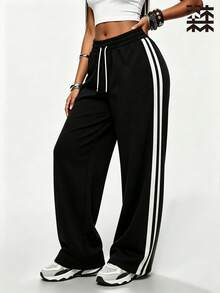 mulinsen Women's Straight Leg Ice Silk Quick Dry Striped Colorblock Sweatpants - Deep Space Black - View 6