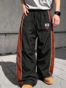 1pc Racing Style Sports Long Pants, Elastic Drawstring Waist, Side Contrast Color Webbing With Letter Print, Badge Patch Decoration, Adjustable Hem, Lightweight Fabric, Streetwear Vibe - Black - View 3