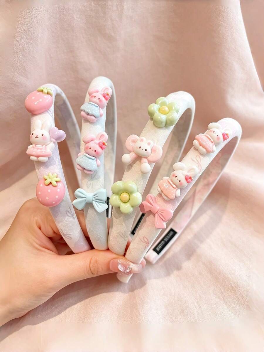1pc Cute Rabbit Flower & Strawberry Decor Fabric Headband, Sweet Women Hair Hoop - Multicolor - View 1