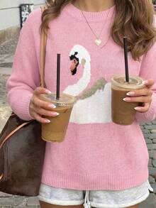 Casual Healing Atmosphere Cartoon Swan Jacquard Knit Top Women's Loose Long Sleeve Pullover Sweater Round Neck Dropped Shoulder Front Chest Swan Jacquard Texture Pattern Soft Skin-Friendly Breathable Autumn/Winter Sweet Knit Top - Pink - View 7