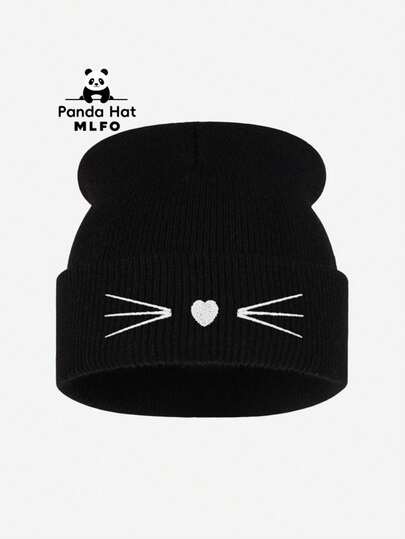 MLFO Cute Heart Cat Whisker Embroidered Cuffed Knit Beanie, Soft Unisex Pullover Hat, Suitable For Sweet Daily Outfits, Casual Gatherings, Halloween Christmas Holiday Gifts