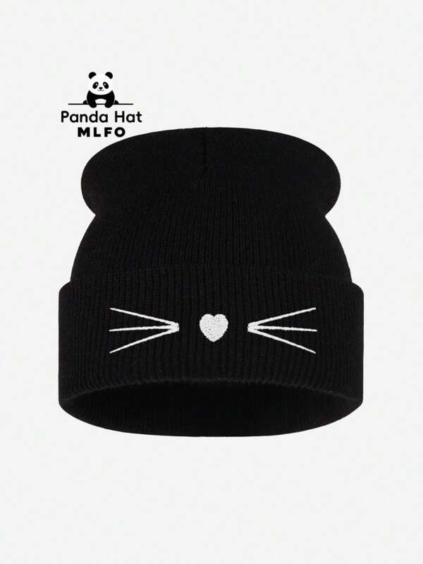 MLFO Gorro de punto con puño bordado con diseño de gato con bigotes y corazón, suave y unisex, adecuado para atuendos diarios dulces, reuniones casuales, regalos de Halloween, Navidad y vacaciones