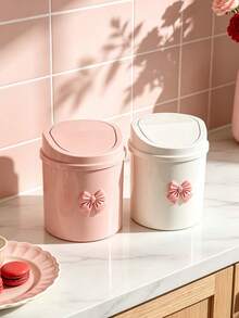 Mini Desktop Trash Can With Lid And Decorative Bow, Plastic Rotating Lid, Non-Electric Cylindrical Design, Suitable For Home, Office, Kitchen, Bedroom Vanity And Daily Use - Multi-color - View 6