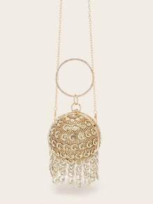 Mini Rhinestone Tassel Handheld Spherical Evening Bag - Gold - View 5