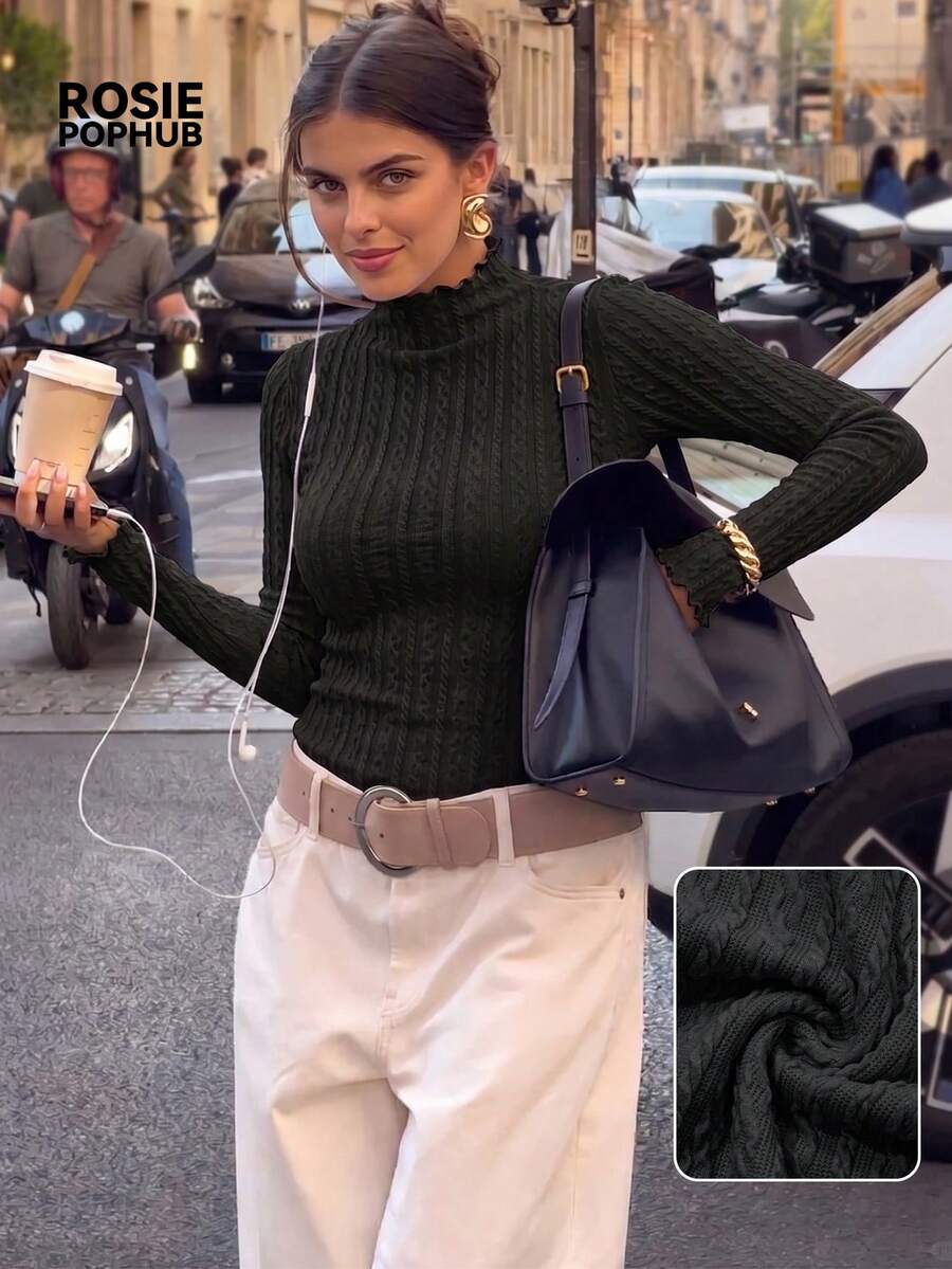 ROSIE POPHUB Women Black Ruffle Mock Neck Cable Textured Long Sleeve Slim Fit Elegant Christmas Basic Top For Fall & Winter - Black - View 1