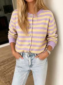 Women's Striped Knit Ribbed Button Front Long Sleeve Cardigan, Elegant Casual For Daily Wear, Country Concert, Vacation, Spring, Autumn, Winter - Purple + Yellow - View 2