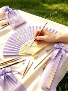 Light Purple Folding Fan Set, Including A Fan, A Small Pouch, And A Bow; A Portable Folding Fan Set Suitable For Weddings, Parties, And Event Decor. - Multicolor - View 4
