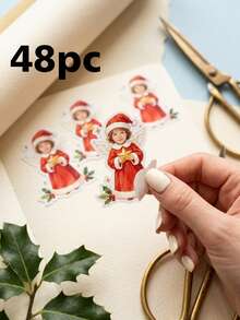 12/24/48pcs Personalized Custom Photo Christmas Angel Stickers, Custom Portrait Image Printed Waterproof Stickers, Angel Santa Claus Costume With Star And Holly Berry Design, Family Christmas Gift Wrapping Accessories, Gift Box Envelope Holiday Party Decoration - Multicolor - View 7