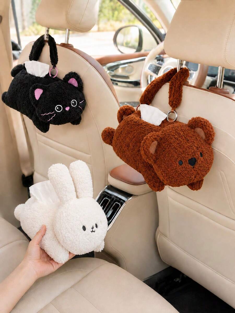 Car Tissue Holder, Cute Animal Headrest Hanging Tissue Box Cover, Cat Bear Rabbit Napkin Dispenser With Strap And Zipper, Backseat Tissue Organizer For Car Seat Headrest, Center Console Armrest, Car Interior Storage Accessories - A - View 1