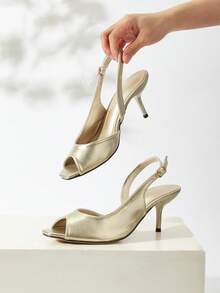 Women's Shallow Open Toe Side Cutout Mule Shoes, Elegant And Comfortable For Vacation, Party And Daily Wear, Solid Color Slip-On Versatile High Heel Sandals - Gold - View 5
