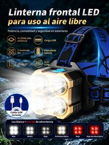 Faro frontal impermeable y de alta luminosidad con 5 luces LED,carga USB,Linterna frontal LED de alta potencia, linterna superbrillante,recargable,lámpara de trabajo de emergencia portátil impermeable,cómodo de usar,adecuado para trabajo nocturno al aire libre como acampar,pesca nocturna,reparaciones,etc. - Negro - Ver 2