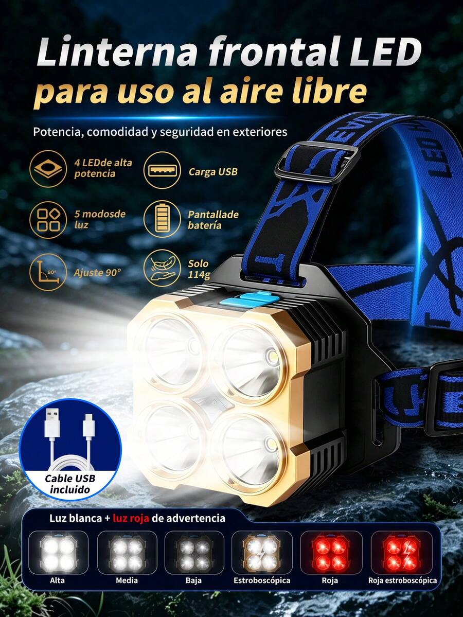 Faro frontal impermeable y de alta luminosidad con 5 luces LED,carga USB,Linterna frontal LED de alta potencia, linterna superbrillante,recargable,lámpara de trabajo de emergencia portátil impermeable,cómodo de usar,adecuado para trabajo nocturno al aire libre como acampar,pesca nocturna,reparaciones,etc.