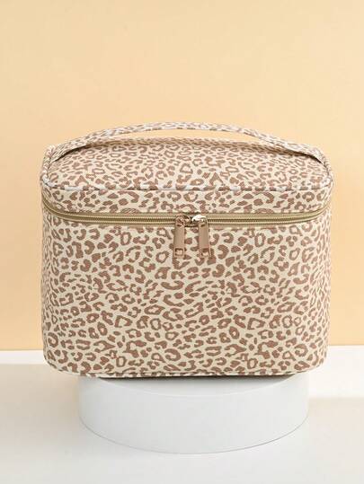 1pc Fashionable Minimalist Portable Canvas Leopard Print Large Capacity Makeup Bag, Suitable For Daily Cosmetics, Skincare, Travel Toiletries, Nail Art Accessories, Gift Storage, Room Decor, Makeup Bag, Storage Bag, Organizer