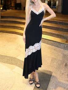 Women's Sexy Backless Lace Ruffle Patchwork Spaghetti Strap Maxi Dress, Vintage Elegant, 10cm - Black - View 6