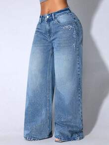 Low Waist Wide Leg Casual Blue Slant Pocket Curved Women Jeans Fall - Light Wash - View 3