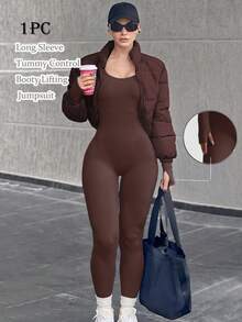 Women's Ribbed Knit Long Sleeve Jumpsuit, Tummy Control Butt Lifting Elastic Slimming Shaping Base Layer Top Sports - Coffee Brown - View 9