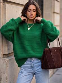 NZZOF Solid Color Round Neck Long Sleeve Minimalist Pullover Sweater - Green - View 3
