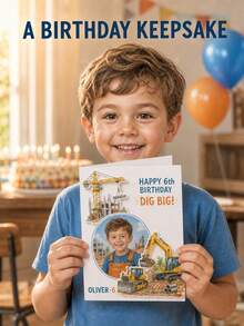 Customized Photo & Text Construction Birthday Card, Includes Child's Photo, Name And Age, Excavator & Construction Site Theme, Suitable For Construction Themed Birthday Party, Special Commemorative Gift For Boys - Multi-color - View 6