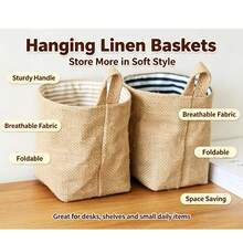 Linen Hanging Storage Basket, Foldable Small Fabric Storage Bucket, Wall-Mounted Storage Bag, Suitable For Home Desk Wardrobe Miscellaneous Items, Multiple Pattern Lining, Back To School Essential, Back To School Gift - Round - View 7