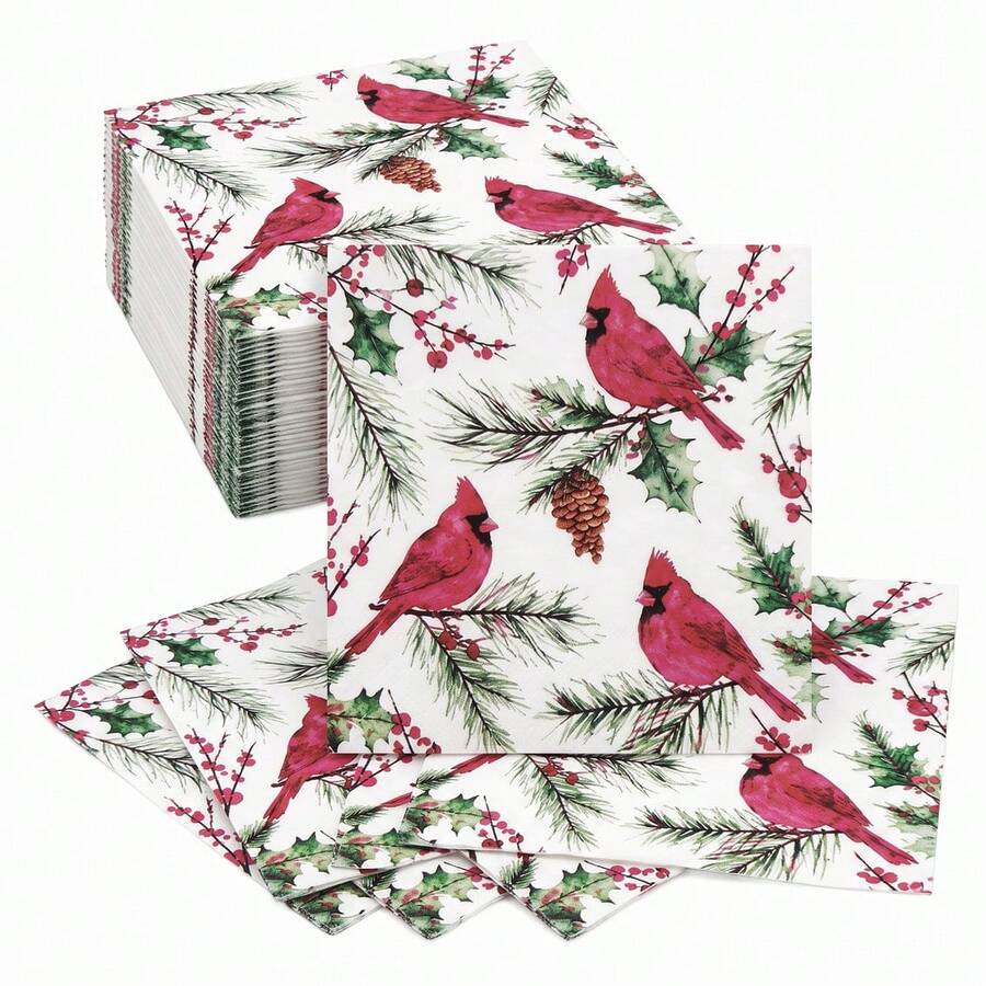 20/60/80 Pcs,Christmas Cardinal Bird Disposable Paper Dinner Tissues,2-Ply Red Cardinal Holly Berry Pine Cone Print Dessert Napkins,Holiday Tableware Supplies For Winter Gathering,Xmas Eve Dinner,New Year Celebration - Multicolor - View 1